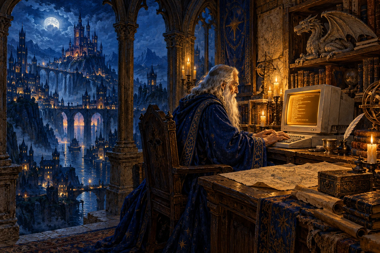 A blue-robed wizard at an amber computer terminal in a candlelit library overlooking a moonlit fantasy city